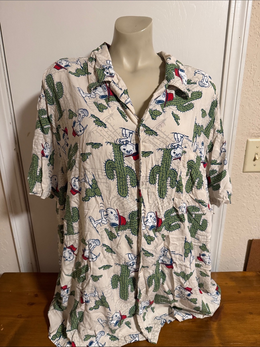 Peanuts Short-Sleeve Button-Up Shirt in Tan with Green Cactus and Red Accents